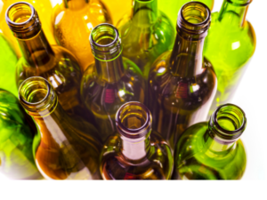 Brown and green upright wine bottles