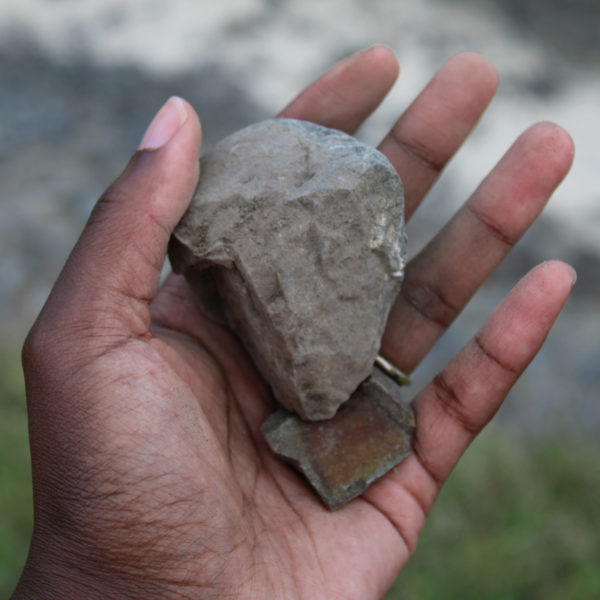 Diana's hand is open and she's holding a dark rock from Bridge Pa Triangle