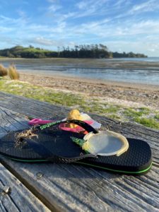 Trash collected at a beach featuring yet another flip flop, bottom of a plastic cup, children's toy, and other small bits of plastic