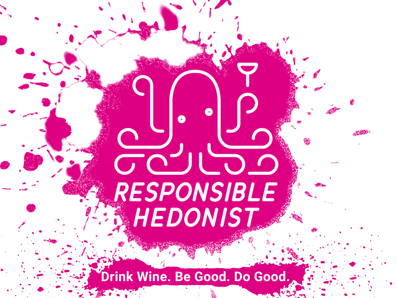 Responsible Hedonist Logo, which shows a Pink Octopus Holding Single Glass with the words Responsible Hedonist and our tagline "Drink Wine. Be Good. Do Good." below it